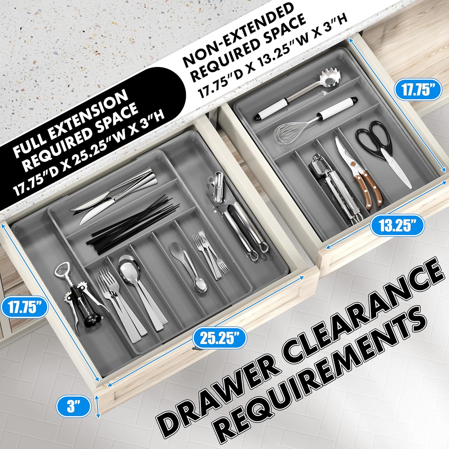 Simple Houseware Flatware Organizer - Adjustable Gray Cutlery Tray with 9 Compartments for Utensils