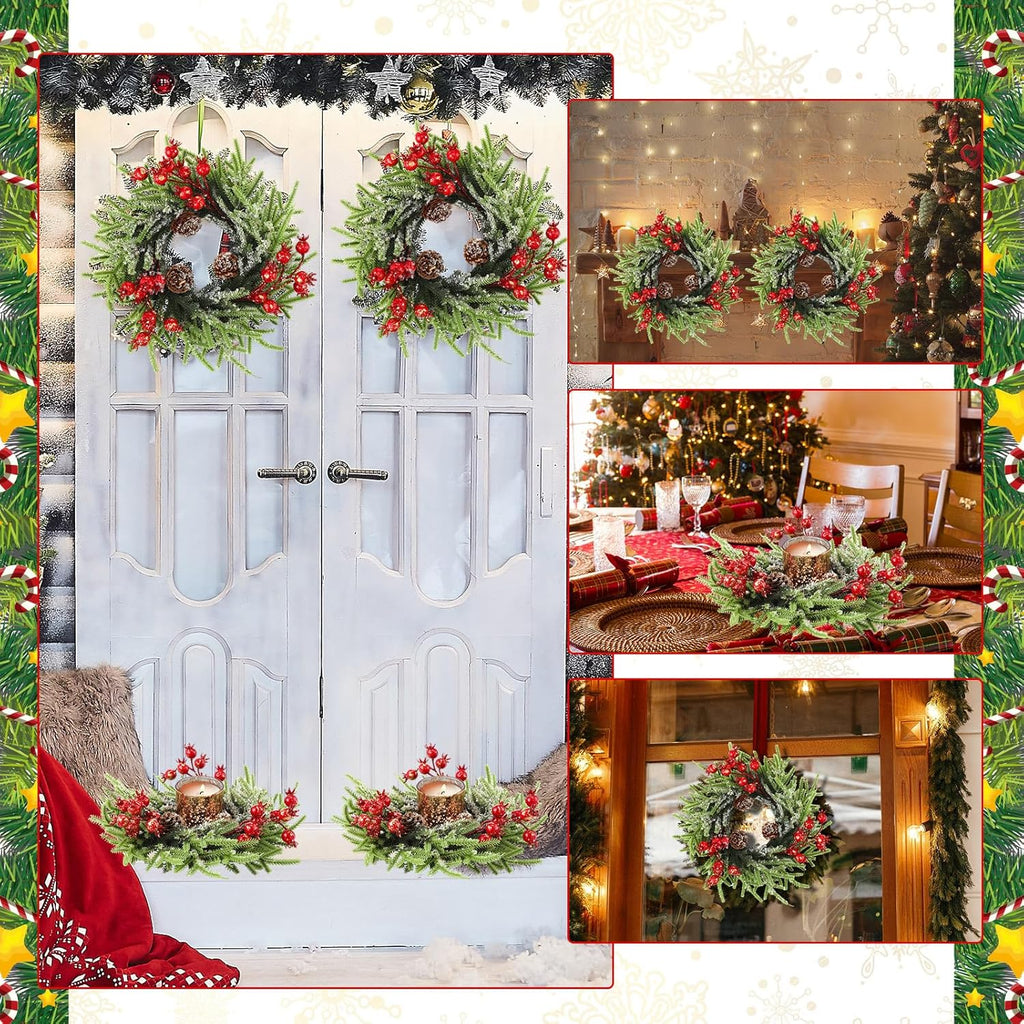 Regine Switzerland 8 Pcs Christmas Candle Rings - 10 Inch Artificial Berries & Pine Cone Wreaths for Rustic Holiday Centerpieces