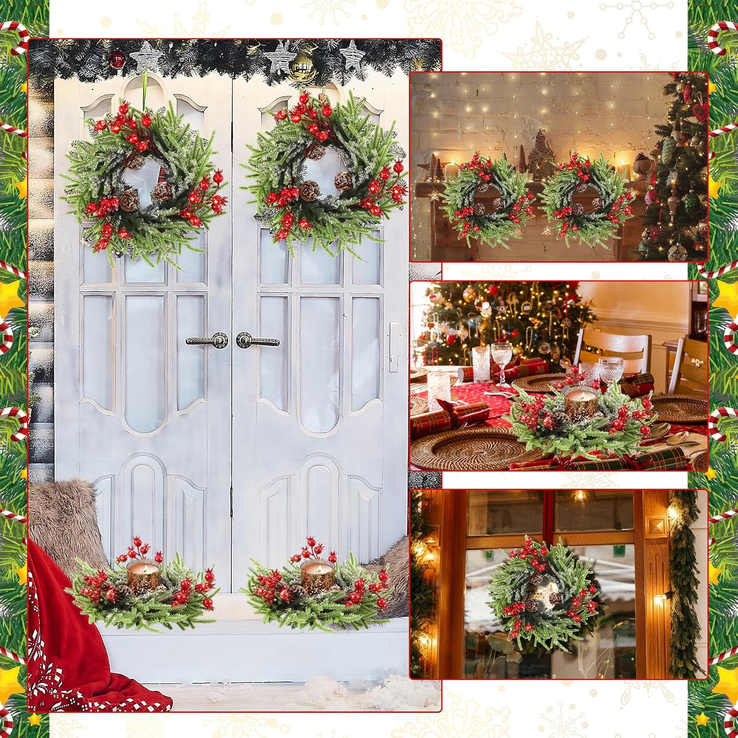Regine Switzerland 8 Pcs Christmas Candle Rings - 10 Inch Artificial Berries & Pine Cone Wreaths for Rustic Holiday Centerpieces