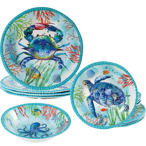 ZAROCRUS Coastal Dinnerware Sets, Ocean Theme Unbreakable Kitchen Plates and Bowls Set, Coastal Dishes Lightweight Dinnerware Set, RV and Camping dishes set for 4, Dishwasher Safe