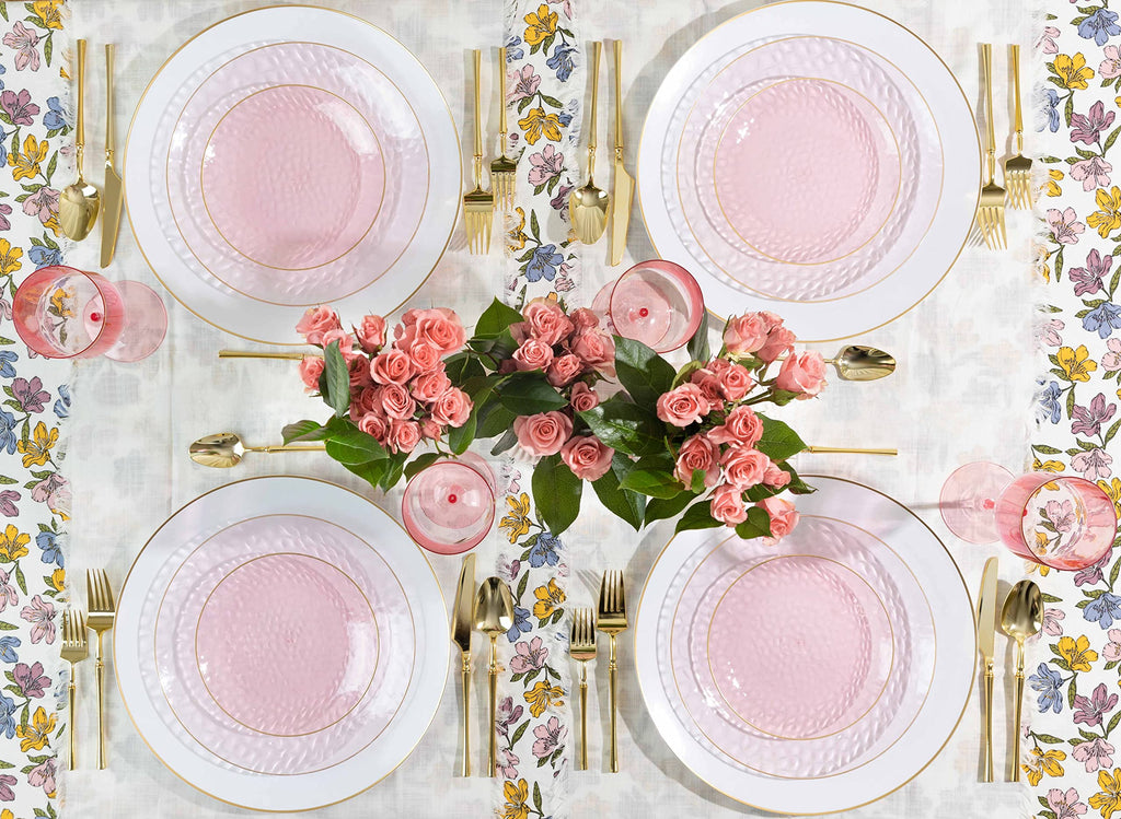 PLASTICPRO 128 Piece Combo Plates Set includes 64-7'' inch Plate & 64-10'' inch Plates Pink Hammered Plastic Party Plate Premium heavyweight Elegant, Disposable, Tableware, Dishes,