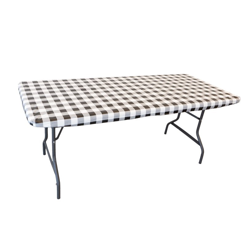 Elastic Fitted Table Cover - Waterproof Vinyl, 6Ft, Gingham Black, 8 Pack
