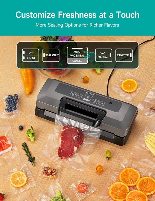 HiCOZY Vacuum Sealer - Powerful Heat Sealing Machine with 7 Automatic Modes | Compact Design, 10 Bags Included, Space Gray