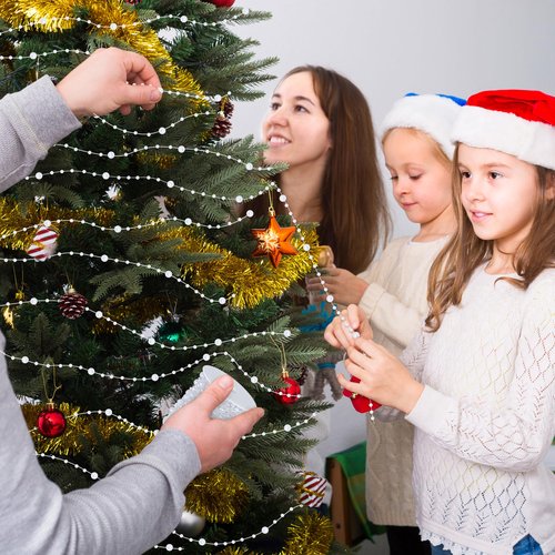 100 FT Christmas Tree Beads, 2 Sizes Artificial White Beaded Christmas Garland, Beads Strands Chain Garland Trim Roll for Xmas Tree, Plastic Hanging Beads Strands Chain for DIY Christmas Decorations
