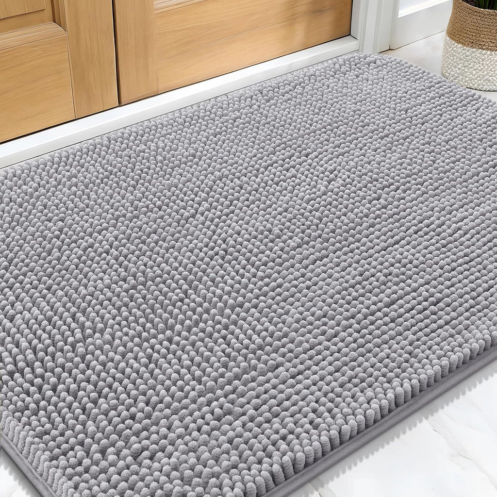 OLANLY Dog Door Mat - Absorbent Non-Slip Washable Chenille Mat for Muddy Paws | 32x20, Light Grey
