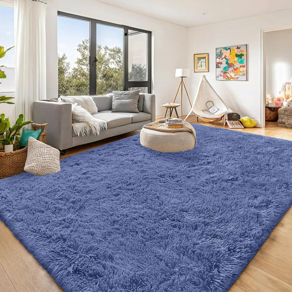 OLANLY Large Area Rug - Soft Fluffy Shaggy Indoor Carpet for Living Room & Bedroom | Denim Blue, 8x10 ft