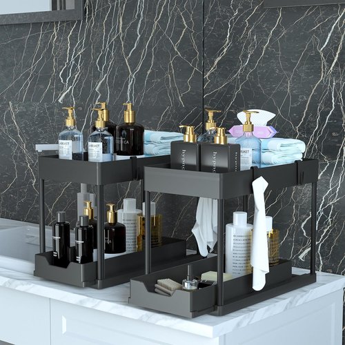DEKAVA Under Sink Organizer - 2 Pack Bathroom Cabinet Storage Baskets | 2 Tier Sliding Design (Black)