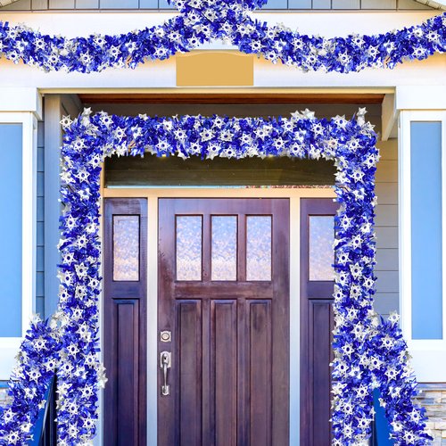 Palonu 50 Feet Hanukkah Decorations Tinsel Garland Glitter Twist Garland Metallic Menorah Ornaments Blue Metallic Streamers with Silver Star, Indoor Outdoor Chanukah Decorations Home Party Supplie