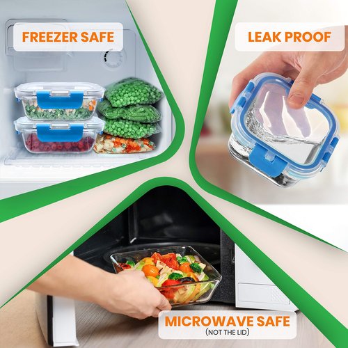 24-Piece Glass Food Storage Containers - Stackable Superior Glass Meal-prep Containers w/Newly Innovated Hinged BPA-Free 100% Leakproof Locking Lids - Freezer-to-Oven-Safe - NutriChef NCGLBU.5 (Blue)