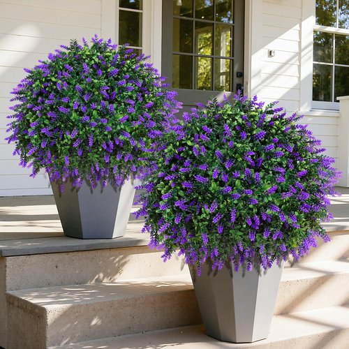 HyeFlora 2 Pack Artificial Topiary Boxwood Ball Trees with Lavender Fake Plants for Outdoor Indoor Artificial Shrubs with Ground Spike UV Resistant Fake Bushes for Front Porch Garden (Purple Lavender)