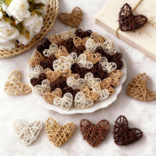 Vercraft 24 Pcs Neutral Valentine's Day Heart Rattan Ornaments 2.75 Inch Valentine Wicker Rattan Heart DIY Farmhouse Vase Bowl Fillers for Valentines Wedding Xmas Tree Ornament Baby Shower Party Decor