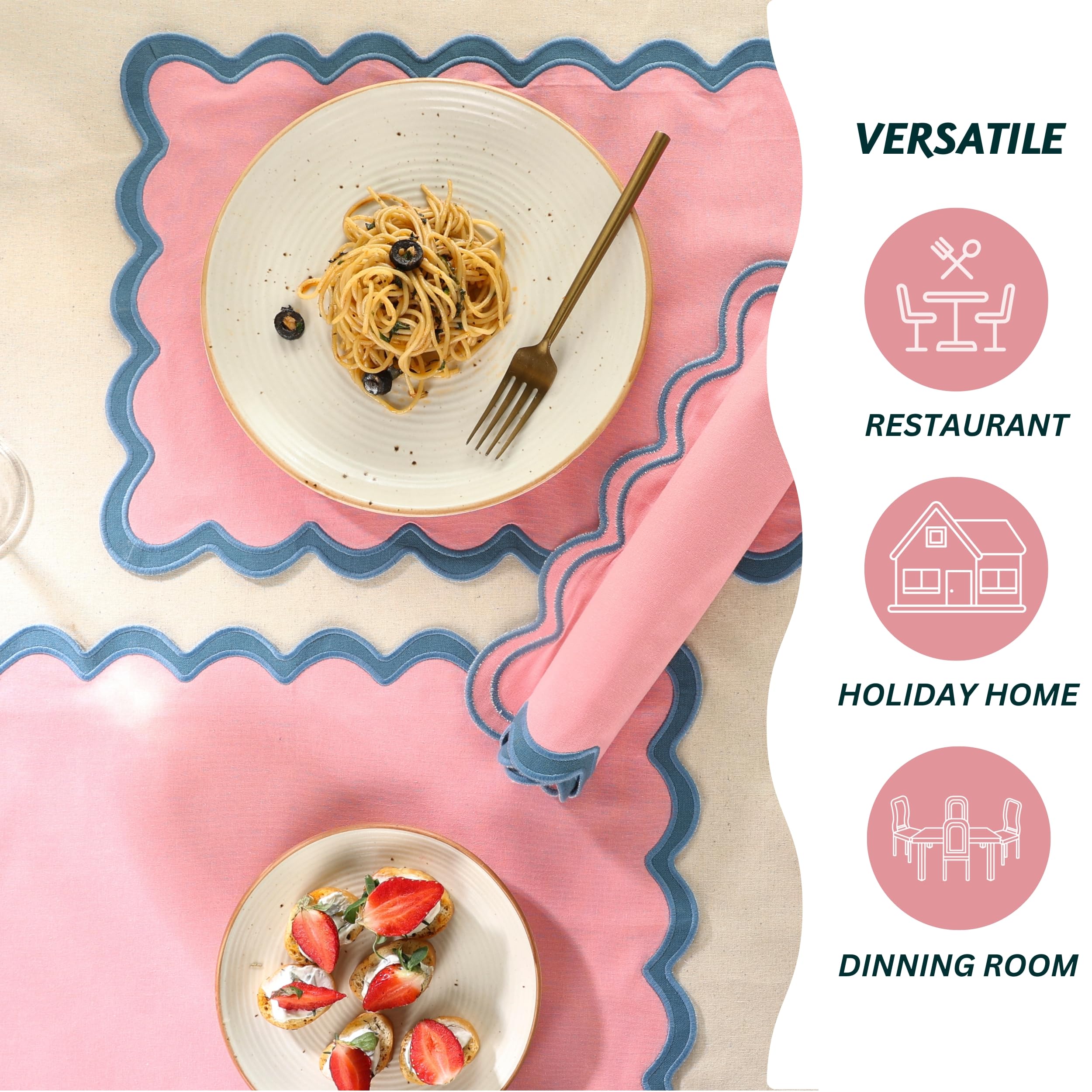 Folkulture Placemats Set of 4 (13 x 19) | 100% Cotton, Cute, Heat Resistant,Machine Washable Scalloped Place Mats | Pink Rectangular Cloth Table Placemats or Dining Table Mats for Dinner Party