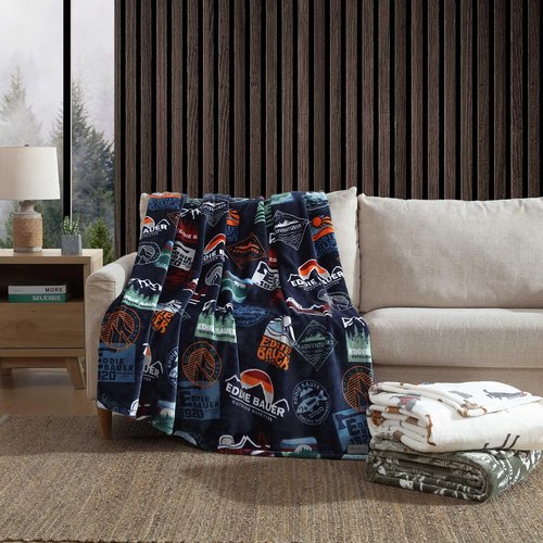 Eddie Bauer - Queen Size Blanket, Ultra-Soft Plush Bedding for Year Round Comfort, Throw Blanket for Couch or Bed (EB Stamps Blue)