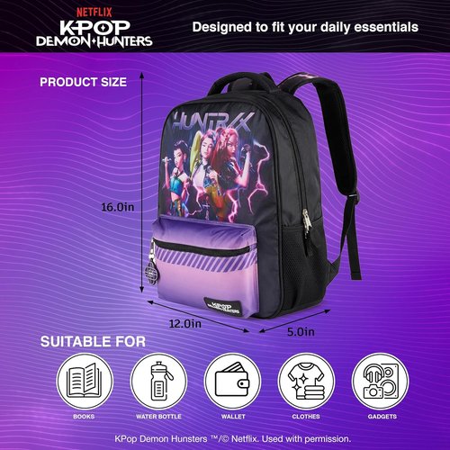 AI Accessory Innovations K-Pop Huntrix 16” Backpack for Girls - Includes Rumi, Zoey, Mira Charm