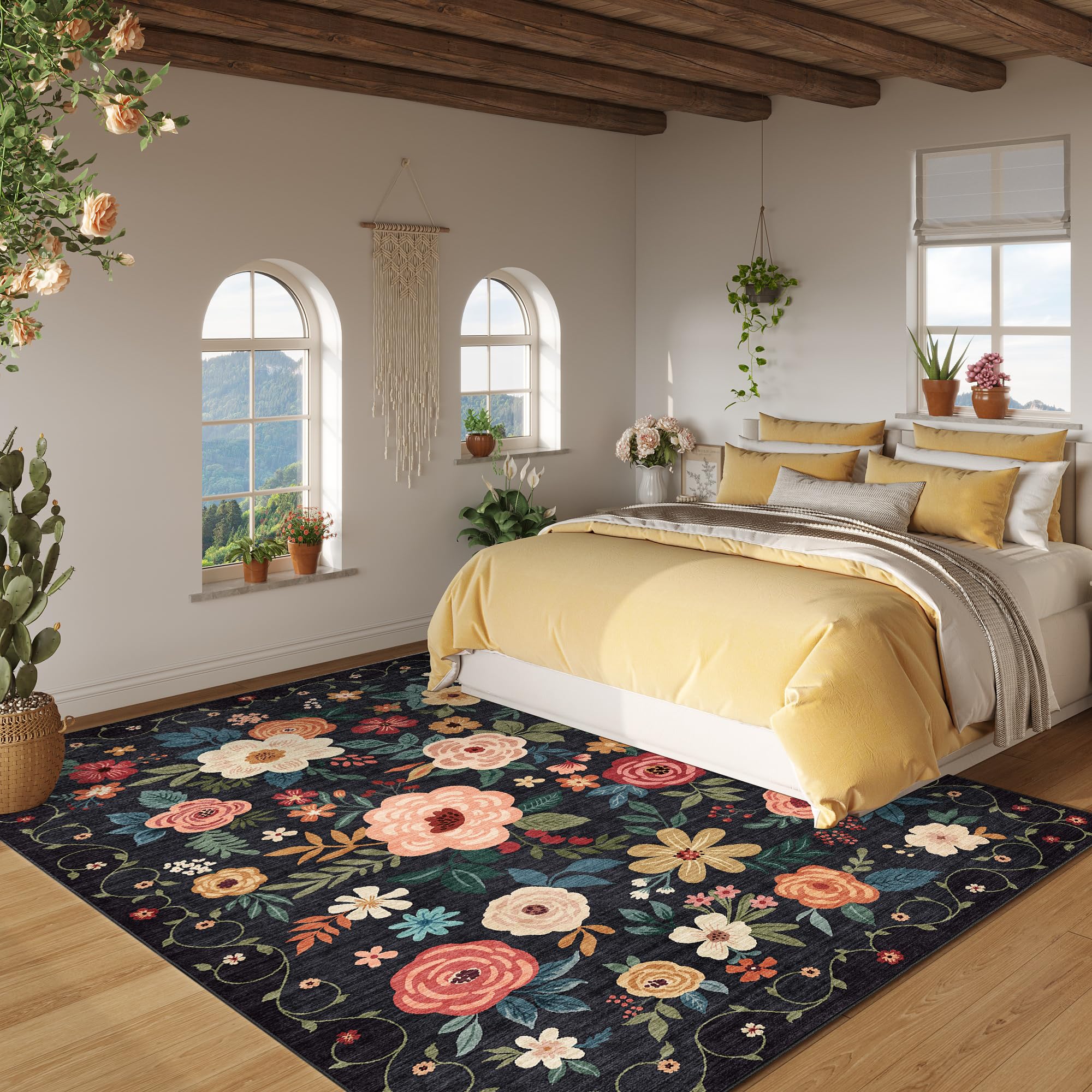 DUKINO 5x7 Area Rug, Floral Design, Lightweight Non Slip Washable, Indoor Low Pile & Non-Shedding Boho Rug for Bedroom, Living Room, Dining Room, Black