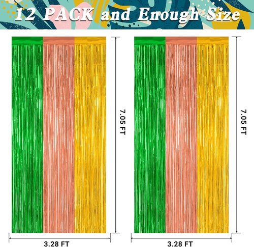 Hawaiian Party Decorations - 12 Pack Luau Backdrop Fringe Curtains | Metallic Summer Decor, 3.28 FT x 7.05 FT