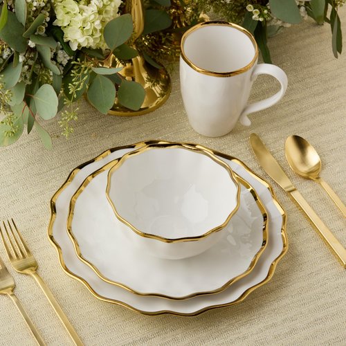 Regency Gold 16-Piece Dinnerware Set – Elegant Gold Rimmed Porcelain Plates, Bowls & Mugs – Service for 4 – Sophisticated Dining Set for Everyday Meals, Holiday Gatherings & Wedding Gifts