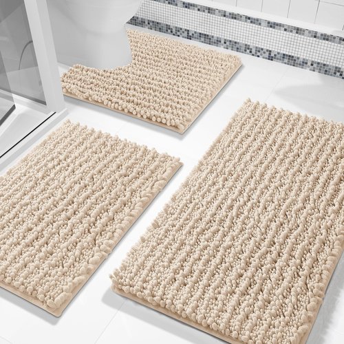 Yimobra Bathroom Rug Set 3 Piece - Super Absorbent Quick Dry Chenille Bath Mats & Toilet Rug, Non Slip Machine Washable, Extra Thick Shaggy Floor Mat for Shower Tub Sink, Light Brown