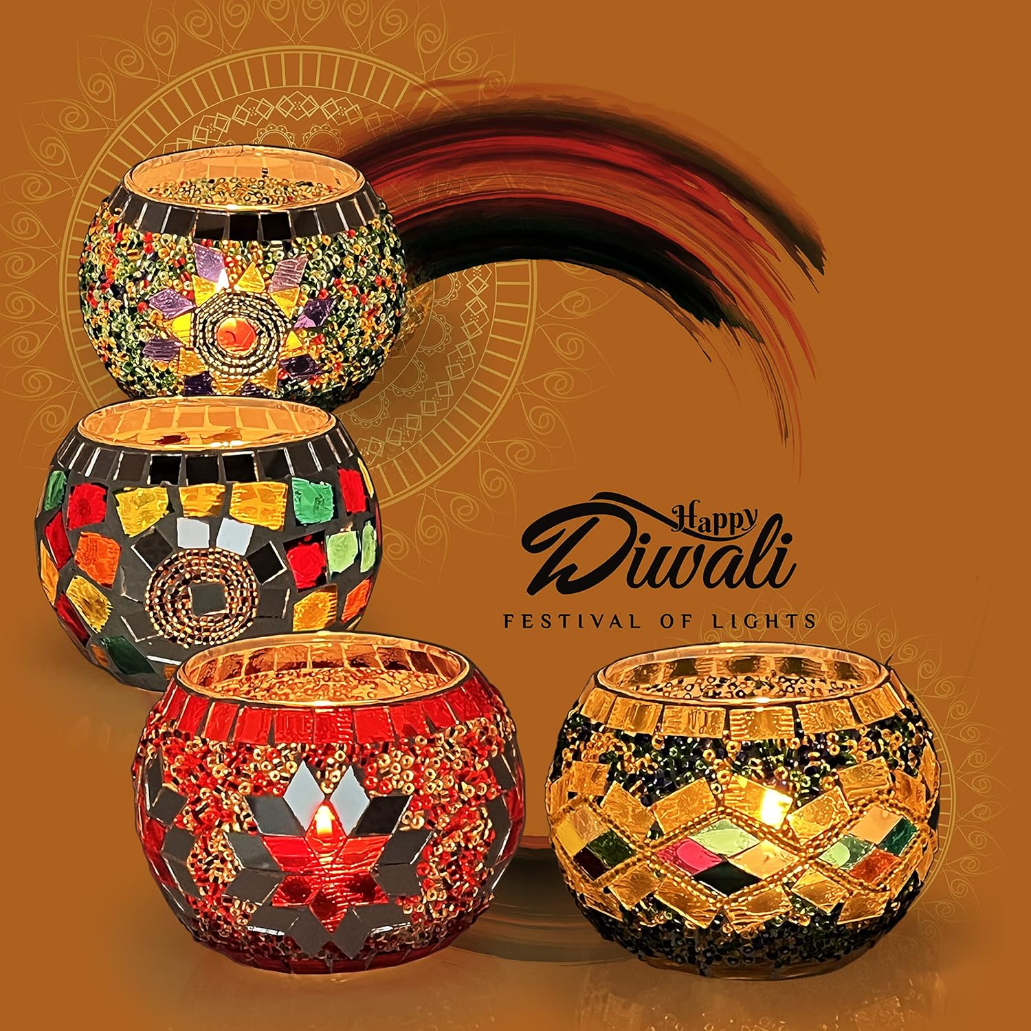 SHMILMH Glass Candle Holder Set - Handmade Mosaic Tealight Holders for Diwali & Christmas | Set of 4