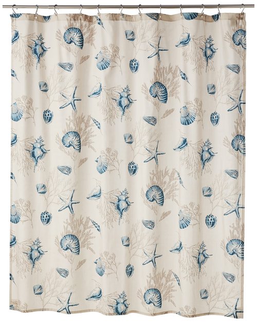 Bayside Print Cotton Fabric Long Shower Curtain, Coastal Shower Curtains for Bathroom, 72 X 72, Blue