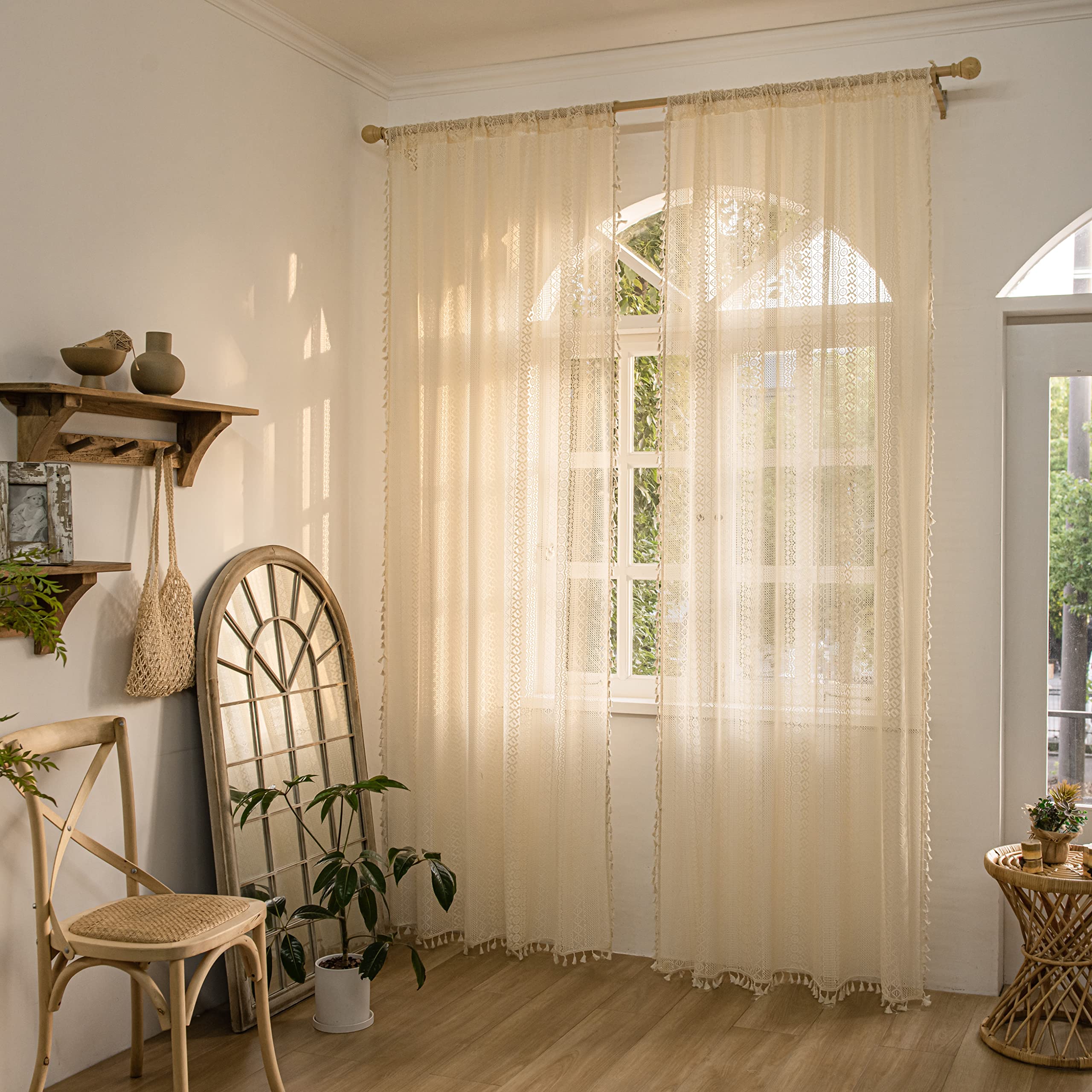 Sutuo Home Boho Curtains 84 Inches Length for Bedroom, Window Treatments Bohemian Sheer Crochet Lace Vintage Drapes Pair, Beige Geometry Knitted with Handmade Tassels Rod Pocket, 52" x 84"，2 Panels