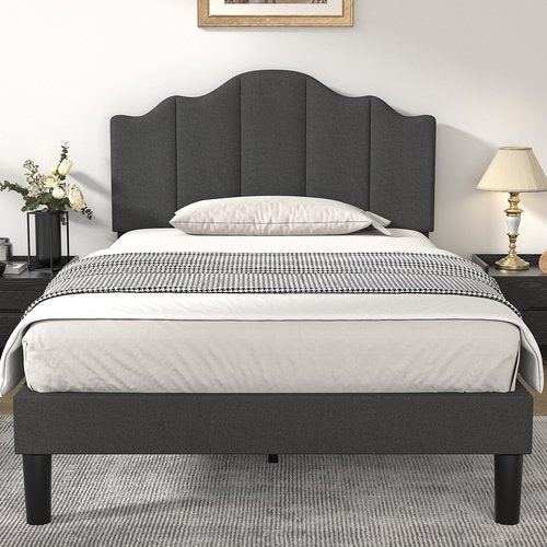 VECELO Twin Size Upholstered Platform Bed Frame with Adjustable Headboard, Wood Slat Support and Noise-Free, No Box Spring Needed, Easy Assembly, Dark Grey