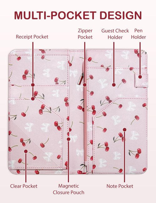 Zreal Cute Server Book for Waitress, Waiter Book with Zipper and Magnetic Pocket, Cherry & Bow Print Serving Book for Waitstaff in Restaurants, Leather Waitstaff Organizer Fits Server Aprons(Pink)
