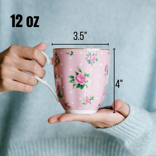 BTaT- Porcelain Floral Plates, Royal Dessert Plates, 8 inch, Set of 8 and Royal Coffee Mugs, 12 oz, Set of 8
