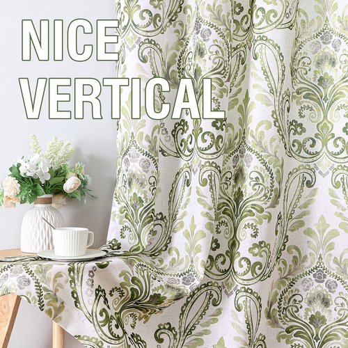 H.VERSAILTEX Green Floral Linen Sheer Curtains for Living Room, 84 inches Country Boho Style Flower Damask Patterned Printed Grommet Window Curtains for Farmhouse Bedroom, Sage Green, 2 Panels