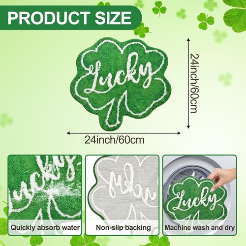 Woaoce St. Patrick's Day Bath Rug Lucky Green Shamrocks, Happy Saint Patricks Doormat Irish Four Leaf Mat Non Slip Rugs for Bathroom Entrance Front Door Indoor Outdoor 24x24 Inches