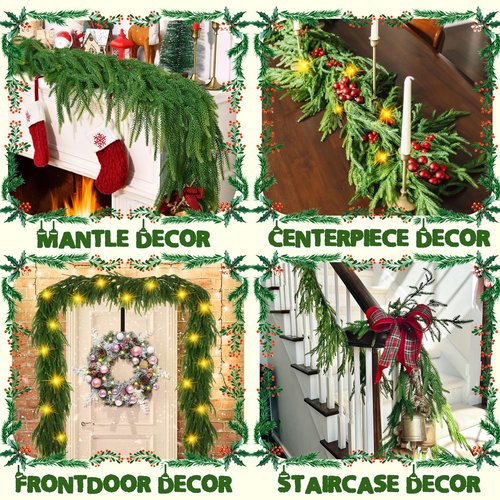 6 FT Christmas Garland Real Touch Norfolk Pine Garland Realistic, Christmas Faux Cedar Garland with Lights for Mantle Table Front Door Indoor Outdoor Holiday Christmas Decor