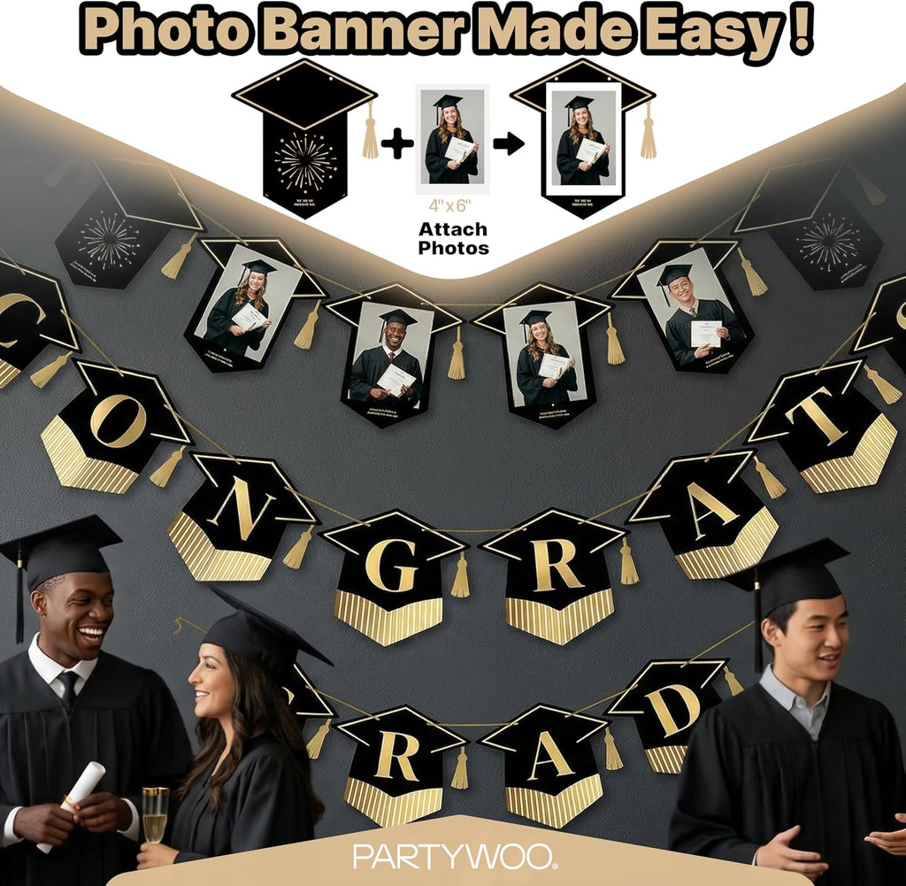 PartyWoo Graduation Decorations - Class of 2026 Black & Gold Banner Set for High School & College Celebrations
