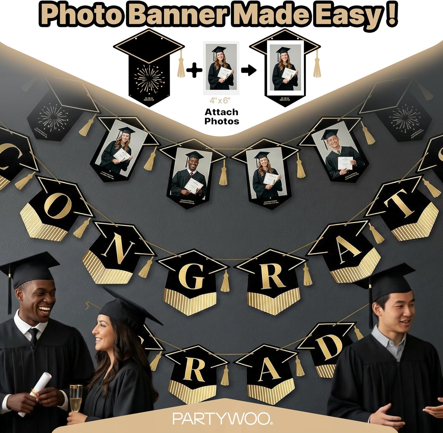 PartyWoo Graduation Decorations - Class of 2026 Black & Gold Banner Set for High School & College Celebrations