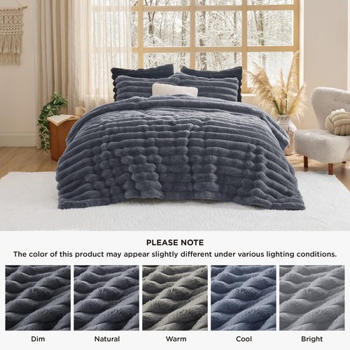 Bedsure Faux Fur King Size Comforter Set - Grey Fluffy Comforter King Size, Soft and Cozy Shaggy Winter Bedding Comforter Sets, Warm Luxury Fuzzy Bed Set 3 Pieces, 1 Comforter and 2 Pillowcases