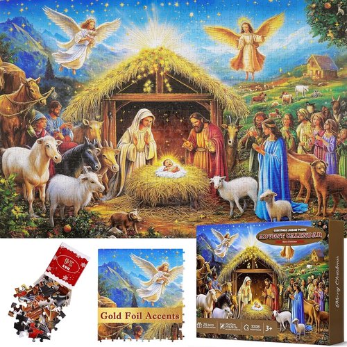 Gold Foil Accents Advent Calendar - 1008-Piece Christmas Jigsaw Puzzle | Religious Nativity Scene Countdown
