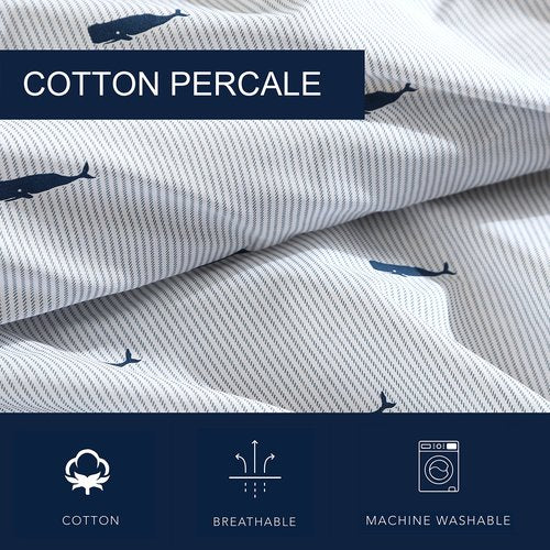 Nautica - Full Size Sheet Sets, Cotton Percale Bedding, Crisp & Cool, Coastal Home Decor (Whale Stripe Blue, Full)