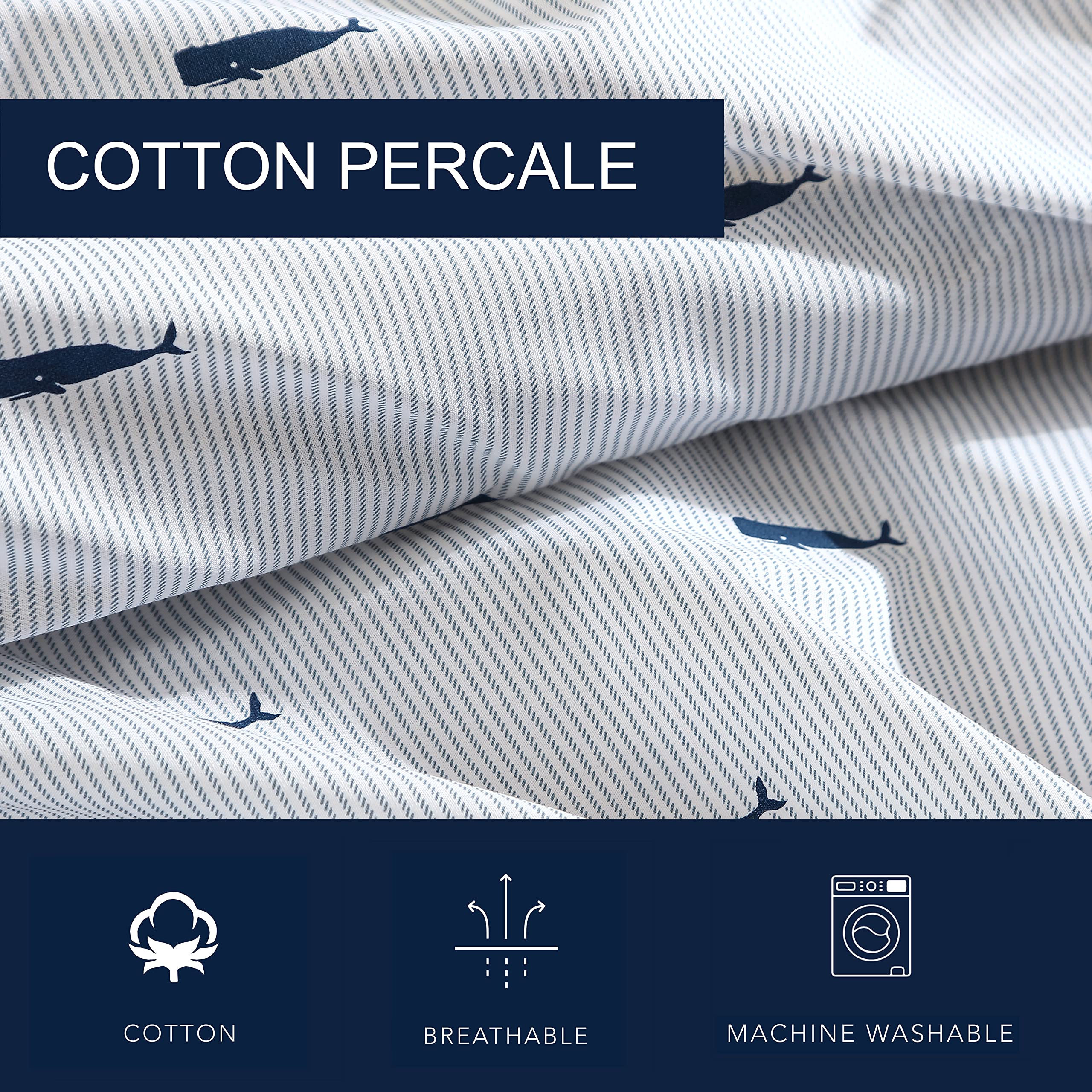 Nautica - Twin XL Size Sheet Set, Crisp Cotton Percale Bedding with Matching Pillowcase, Fully Elastic Fitted Sheet, Deep Pocket, Nautical Room Decor, Breathable All-Season Comfort (Whale Stripe Blue)