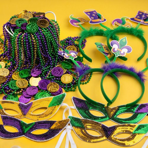 DMIGHT 124 Pcs Mardi Gras Accessories Set Bulk Party Favors Supplies with Headbands Masks Beads Necklaces Coins Tattoos for Mardi Gras Masquerade Parade Carnival Parade
