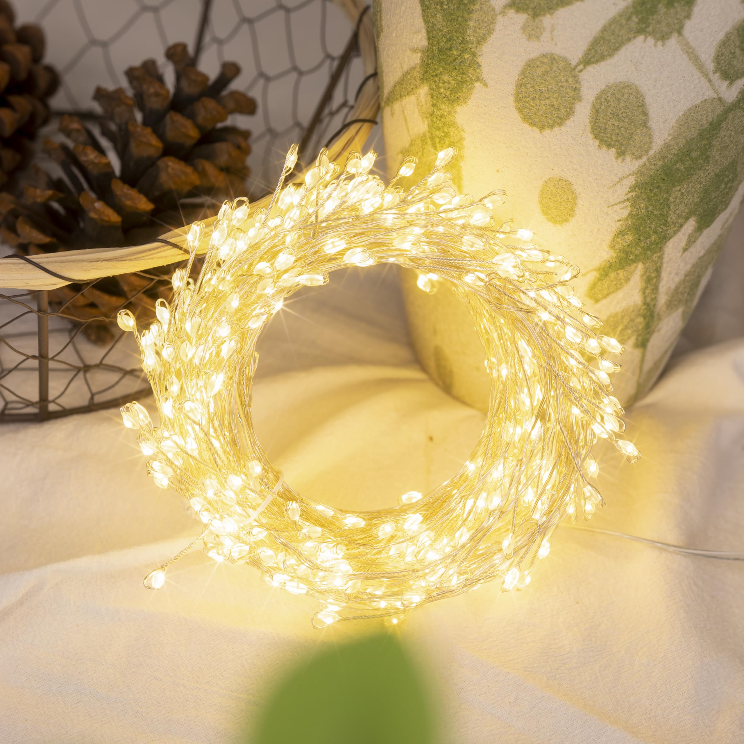 PCORES Fairy Lights Plug in, 100FT 1000LED Firecracker String Lights Waterproof Silver Wire, for Bedroom/DIY/Party/Garden/Porch/Patio/Backyard/Christmas Tree, with Remote Timer & 8 Modes, Warm White