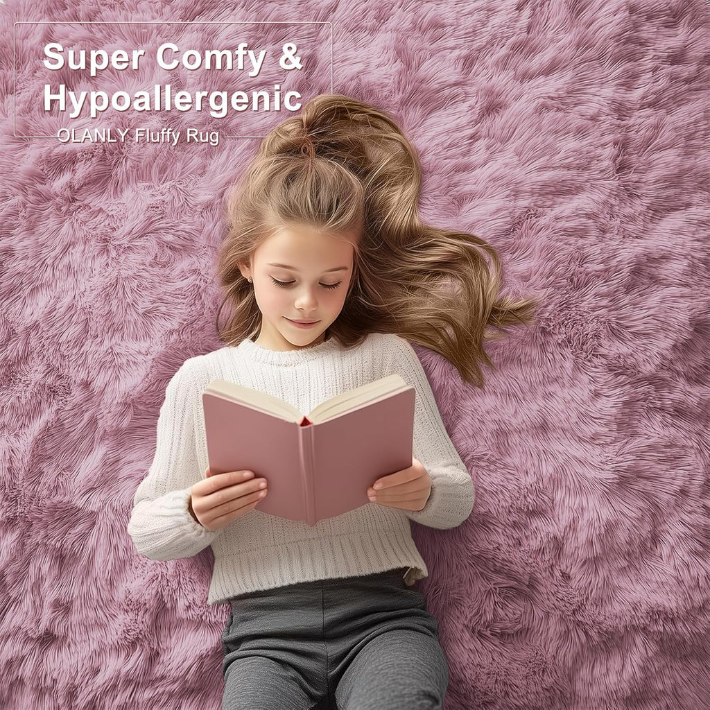 OLANLY Soft Fluffy Shaggy Bedside Rug - 3x5 Machine Washable Indoor Carpet for Kids & Nursery | Blush