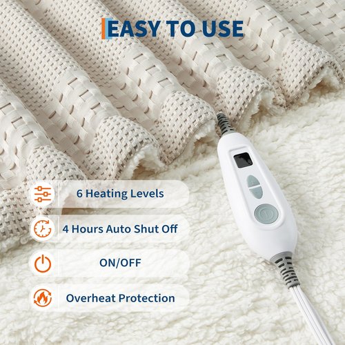 Heated Throw Blanket Electric 50“x60, Soft Waffle Weave to Sherpa Heating Throw with 6 Heating Levels, 4 Hours Auto Off, Machine Washable, Gift Suit for Couch Bed Sofa Home Office