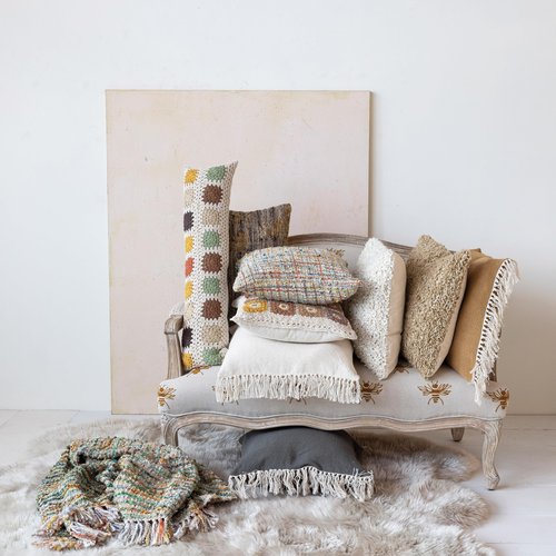Creative Co-Op, Teal Soft Cotton Pillow with Fringe, White, Square, Natural