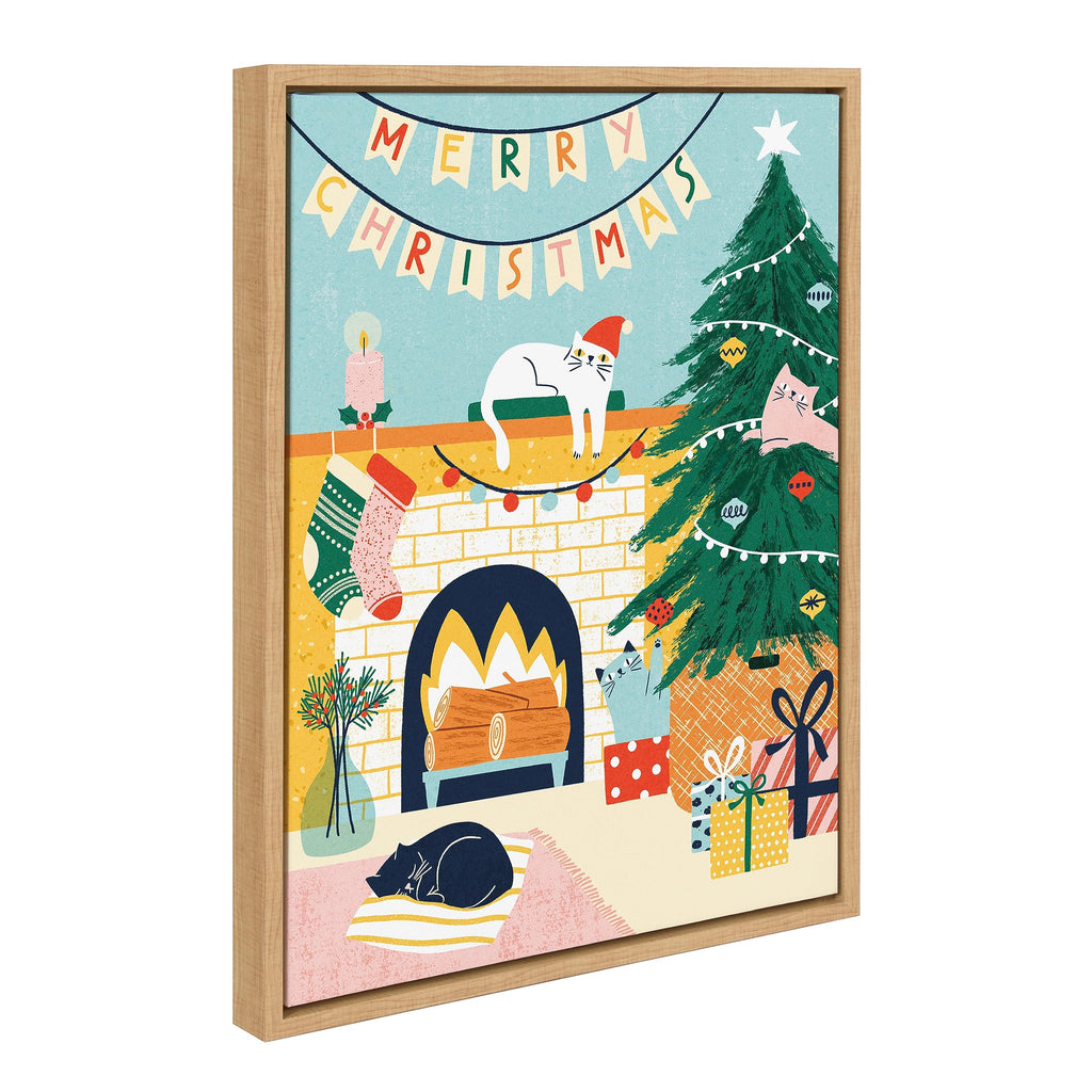 Kate and Laurel Sylvie TG Christmas Cats Framed Canvas Wall Art by Tania García, 18x24 Natural, Colorful Christmas Animal Art for Wall