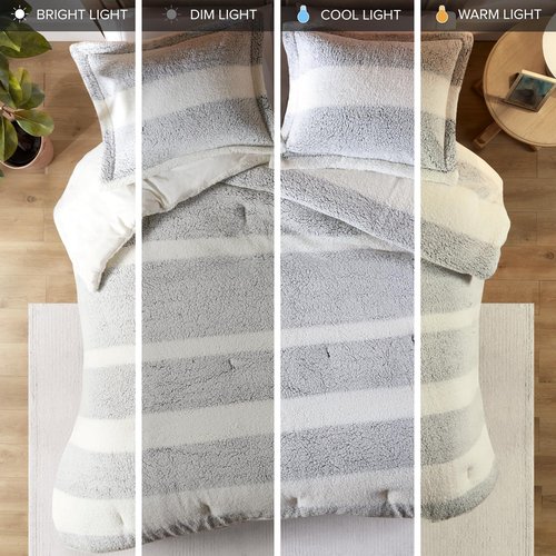 Madison Park King Comforter Set Sherpa Farmhouse Stripes, Faux Mink Reverse, Soft & Fluffy, Medium Weight Winter Comforter King Warm Bedding Set, 2 Shams, Hollis, King/Cal King Gray/Ivory 3 Piece