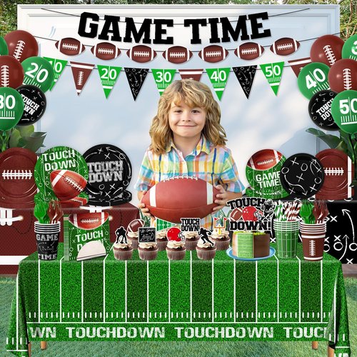 Football Party Decorations Serve 24, 189Pcs Football Party Supplies Includes Plates,Napkins,Cups,Tablecloth,Banner,Balloons,Cupcake Toppers for Game Day Tailgate Football Birthday Party Decorations
