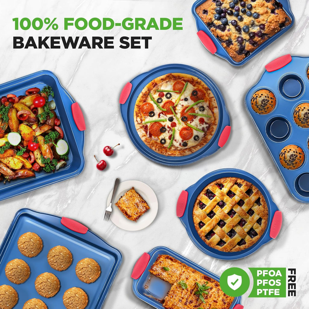 NutriChef 10-Piece Nonstick Bakeware Set - Premium Carbon Steel Pans with Silicone Handles | Includes Pizza Tray, Muffin Pans, Cookie Sheets & More - Blue