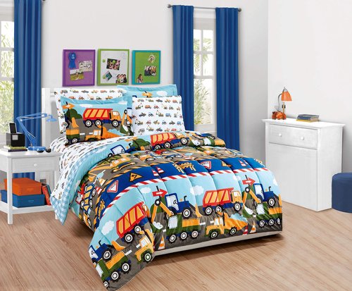 Linen Plus Comforter Set for Kids Construction Tractors Blue Red Green Yellow Grey White New (Twin)