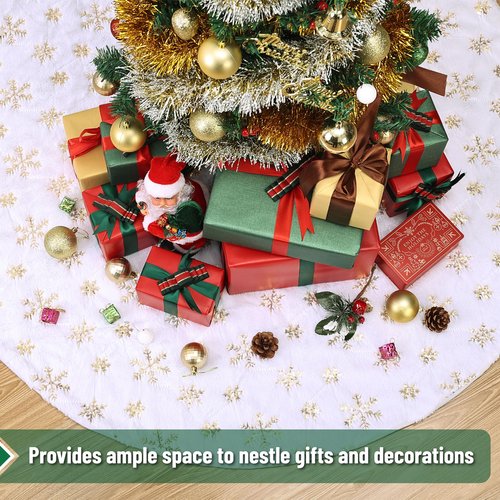 Mr. Pen White Faux Fur Christmas Tree Skirt, 36 inches, Gold Snowflakes