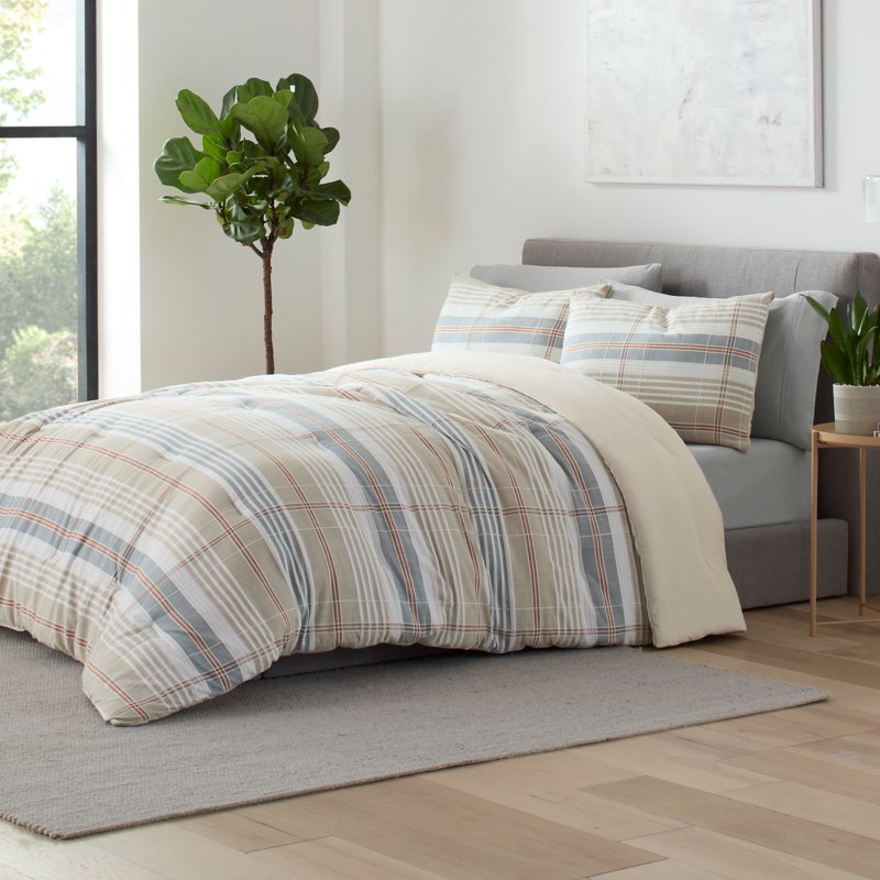 Vellux Oslo Plaid Comforter Set - Cotton King Size Taupe 3-Piece