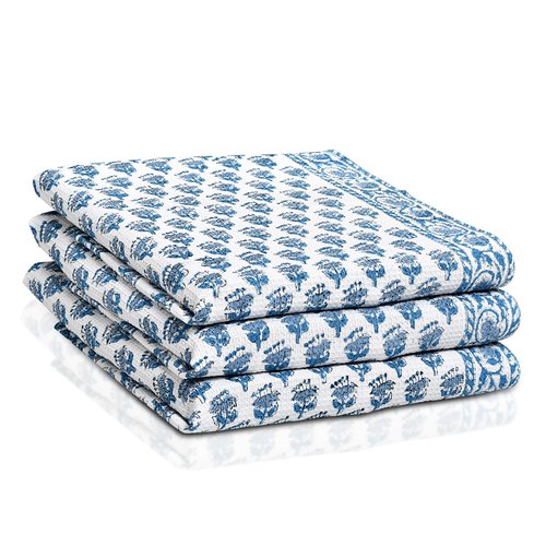 CPC Apatite Blue Hand Block Print Waffle Kitchen Towel Set of 3-16 x28 Ultra Absorbent Quick Dry Microfiber Dish Towels Lightweight Reusable Sustainable Tea Towels for Cleaning and Drying